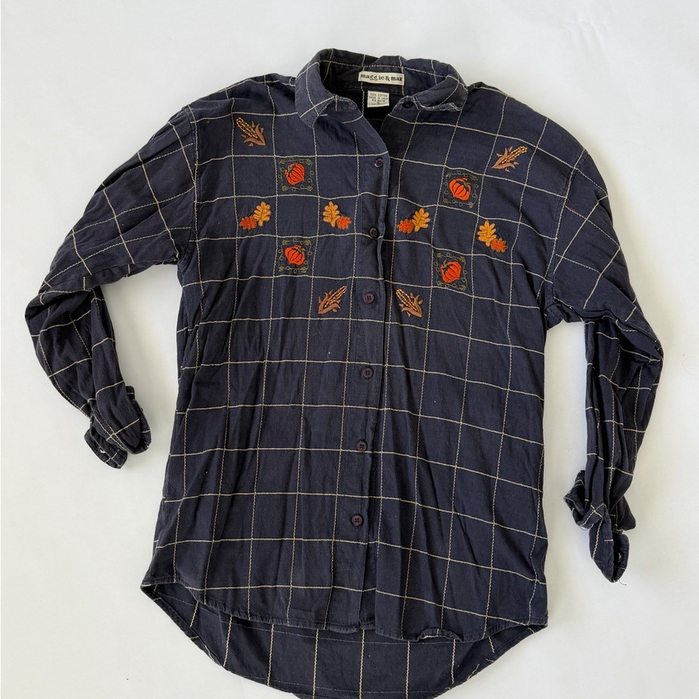Women’s Dark Blue Plaid Shirt with Fall Embroidery